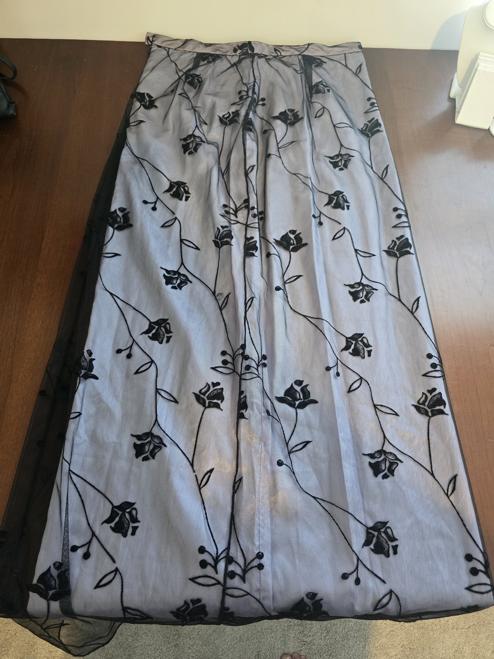 Chelsea Nites Black & Lavender Floral Embroidered Double Layer Maxi Skirt